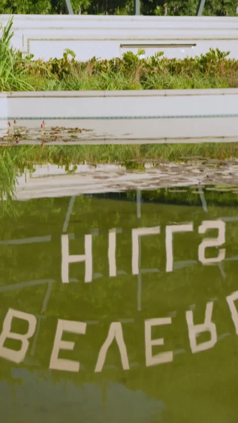 Beverly Hills Sign Park Setting Water Reflection Los Angeles Vertical Stock Footage 332681853