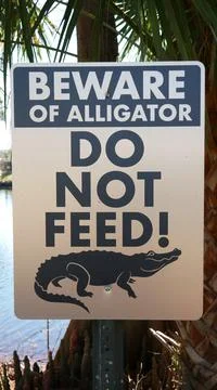"Beware of alligator! Do not feed!" street sign by a pond Foto stock
