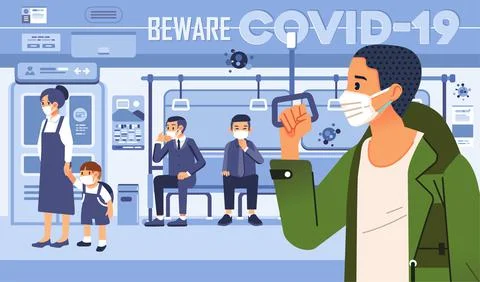 Beware to covid 19 vector illustration with people in train as public transpo Stock Illustration