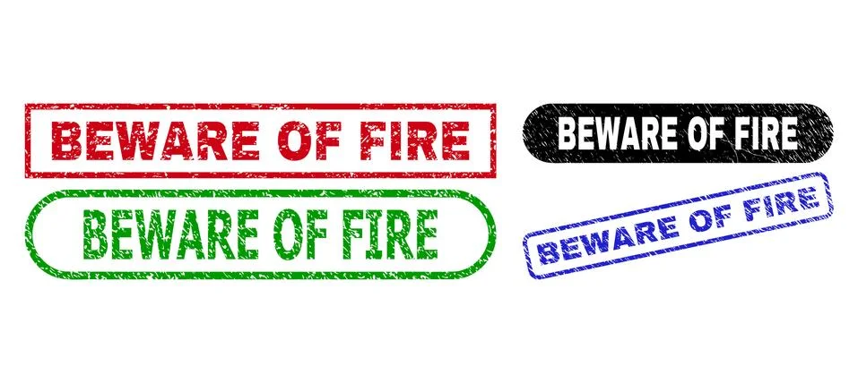 BEWARE OF FIRE Rectangle Stamps Using Scratched Texture Stock Illustration