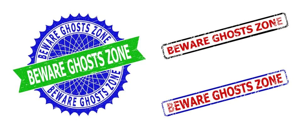 BEWARE GHOSTS ZONE Rosette and Rectangle Bicolor Seals with Grunged Surfaces Stock Illustration