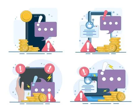 Beware of scam messages and fraud warning illustration set Stock Illustration