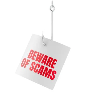 Beware of Scams warning, phishing hook with paper note. 3D rendering Stock Illustration