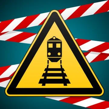 Beware of train Warning sign and warning bands. Vector illustration. Stock Illustration