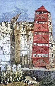 Beweglicher Belagerungsturm, der bei Angriffen auf Burgen verwendet wurde ... Stock Photos