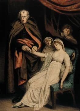 A bewildered doctor checking the pulse of lovesick young woman, her concern.. Stock Illustration
