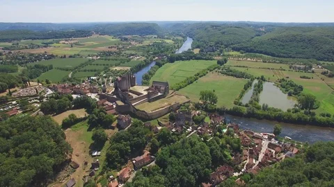 Beynac et Cazenac one of the most beautiful villages in France aerial shot Stock Footage 118992201