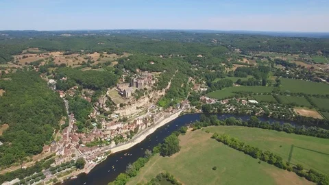 Beynac et Cazenac one of the most beautiful villages in France aerial shot Stock Footage 118993156