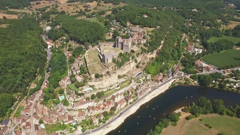 Beynac et Cazenac one of the most beautiful villages in France aerial shot Stock Footage 118994047