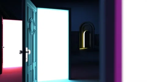 Beyond the obscurity, doors glow, symbolizing endless opportunities. A visu.. Stock Footage 252397244
