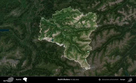 Bezirk Bludenz highlighted, Austria. Sentinel-2 Mosaic. July 2022 Stock Illustration