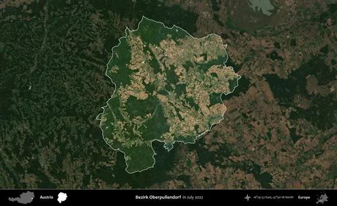 Bezirk Oberpullendorf highlighted, Austria. Sentinel-2 Mosaic. July 2022 Stock Illustration