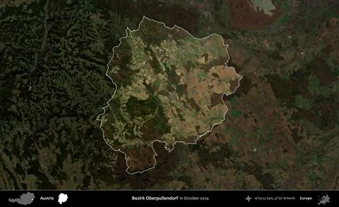 Bezirk Oberpullendorf highlighted, Austria. Sentinel-2 Mosaic. October 2024 Stock Illustration
