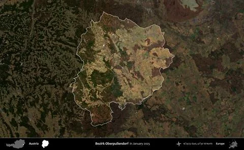 Bezirk Oberpullendorf highlighted, Austria. Sentinel-2 Mosaic. January 2025 Stock Illustration