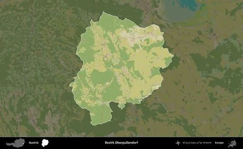 Bezirk Oberpullendorf highlighted, Austria. Topographic Humanitarian Stock Illustration