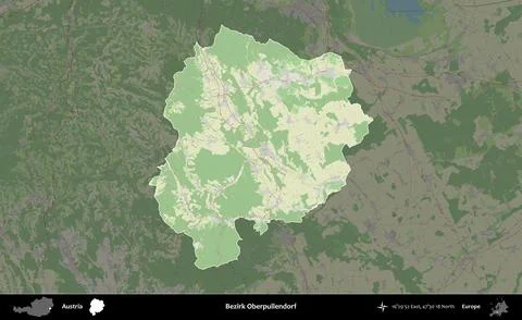 Bezirk Oberpullendorf highlighted, Austria. Topographic German Stock Illustration