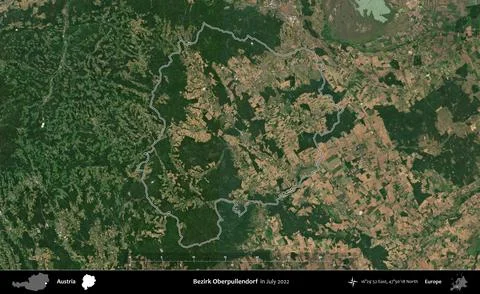 Bezirk Oberpullendorf outlined, Austria. Sentinel-2 Mosaic. July 2022 Stock Illustration