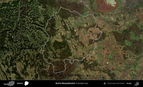Bezirk Oberpullendorf outlined, Austria. Sentinel-2 Mosaic. October 2024 Stock Illustration