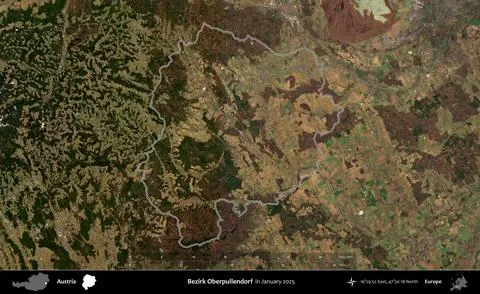 Bezirk Oberpullendorf outlined, Austria. Sentinel-2 Mosaic. January 2025 Stock Illustration
