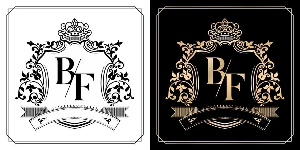 BF royal emblem with crown, initial letter and graphic name Stock Illustration