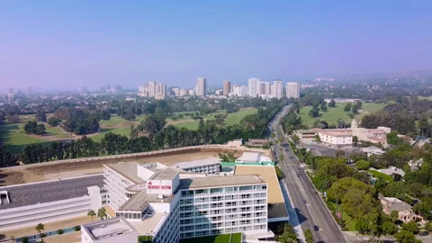 BH Pull back at the intersection of Santa Monica and Wilshire - Drone Stock Footage 141032618