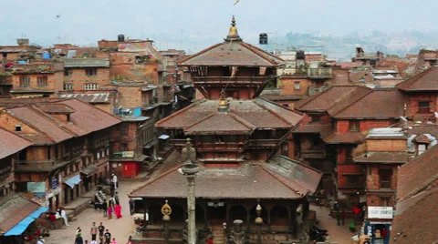 BHAKTAPUR, NEPAL - APRIL 5: Bhaktapur town center view from above on April 5, 20 Stock Footage