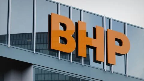 BHP Group Stock data presented on the logo of the office facade editorial Stock Photos