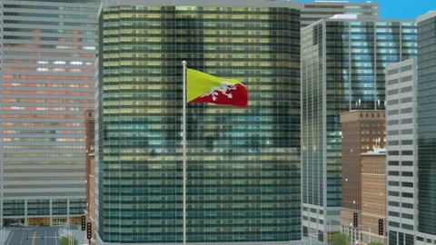 Bhutan Flag 3D Render Animation on Pole with Modern Business District Buildi Stock-Footage 332882589
