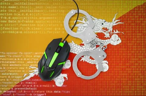 Bhutan flag  and handcuffed computer mouse. Combating computer crime, hackers Stock-Fotos