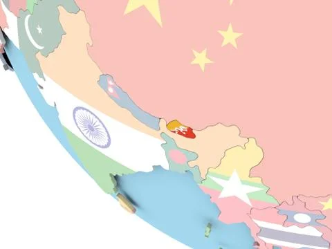 Bhutan with flag on globe Stock Illustration