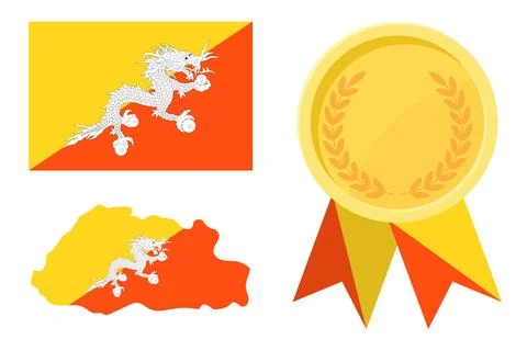 Bhutan flag with map and gold medal in set for web and banners or app and gam Stock Illustration