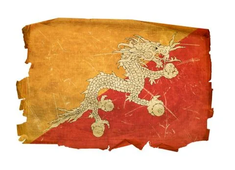 Bhutan flag old, isolated on white background Stock Photos