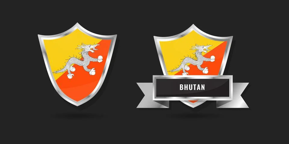 Bhutan Flag Shield Emblem Set, Kingdom of Bhutan Glossy Silver Badges with .. Stock Illustration