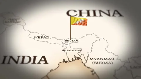 Bhutan flag showing on world map with 3D rendering Stock Footage 279706153