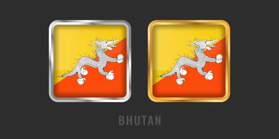 Bhutan Flag Square 3D Button Set in Gold and Silver Metallic Frames Illustrazione stock