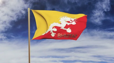 Bhutan flag with title waving in the wind. Looping sun rises style.  Animation Video stock 48956995