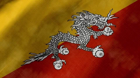 Bhutan flag waving background with real fabric texture Stockbeeldmateriaal 291600517