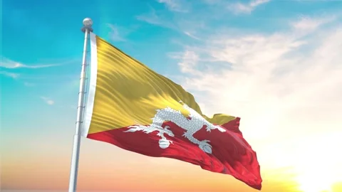 Bhutan flag Waving Realistic With Sky Stock Footage 296477751