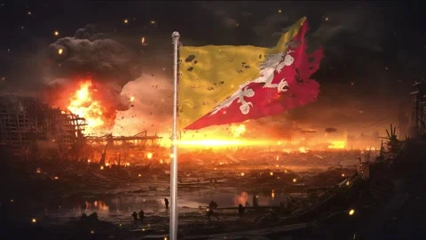 Bhutan flag waving in war is torn Video stock 330734340