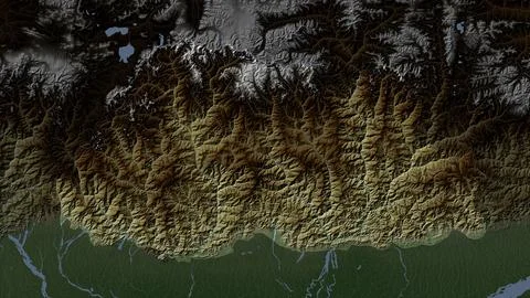 Bhutan highlighted on a Pale colored elevation map with lakes and rivers Illustrazione stock