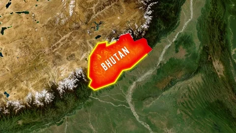 Bhutan highlighted on satellite map with flag footage animation clip Stock Footage 345727155