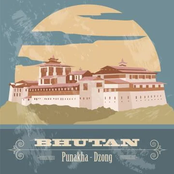 Bhutan infographics, statistical data, sights. Punakha - Dzong. Illustrazione stock