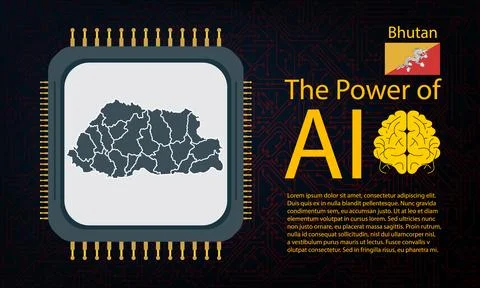 Bhutan map with microchip war and AI concept on circuit board, Power of AI .. Ilustração Stock