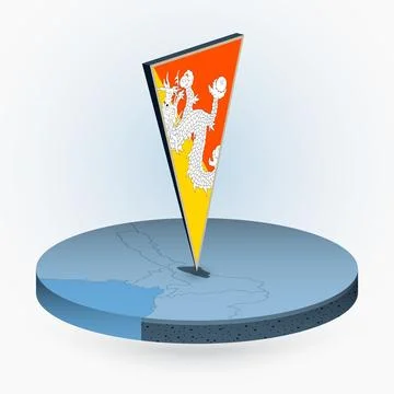 Bhutan map in round isometric style with triangular 3D flag of Bhutan Stock Illustration