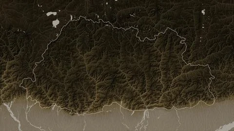 Bhutan outlined on a elevation map colored in sepia tones with lakes and rive Stock Illustration