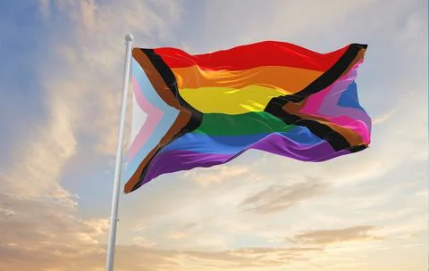 Bi Inclusive Unity flag waving in the wind at cloudy sky. Freedom and love co Stock Illustration