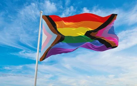 Bi Inclusive Unity flag waving in the wind at cloudy sky. Freedom and love co Stock Illustration