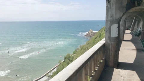 Biarritz beach and surf classes from balcony panorama shot Stock Footage 137972965