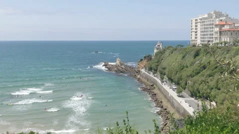 Biarritz beach surf classes on sunny day Stock Footage 137972914
