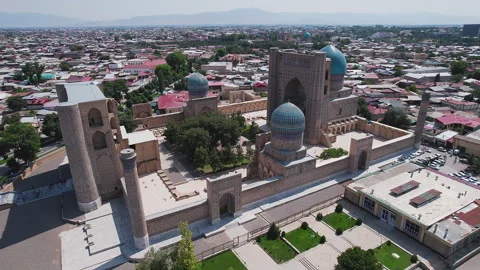 The Bibi-Khanym Mosque aerial view, Samarkand, Uzbekistan - May 26, 2023. Sight Stock Footage 259900639